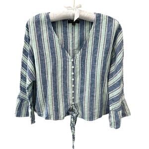 FOR CYNTHIA | Petite Blue Striped Linen Cotton Tie Front Button Blouse | Large